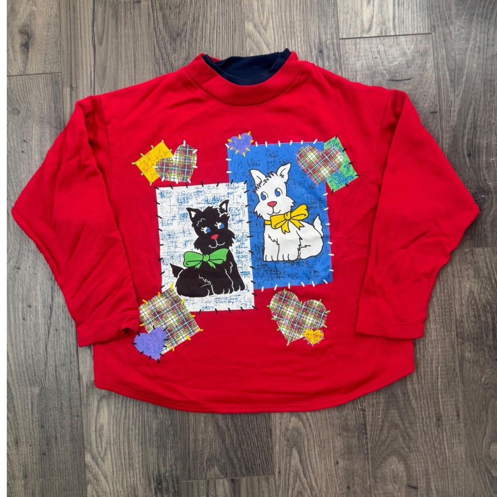 Kids Red Long Sleeve Graphic Sweatshirt Scottie Dog Applique‎ Plaid Patch